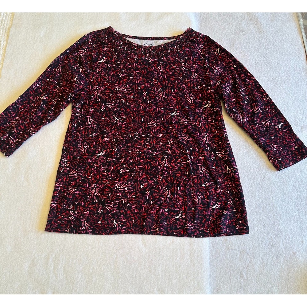 Croft Barrow Floral Top Womens Size M 3 4 Sleeve Red Black Pink Cotton Boho